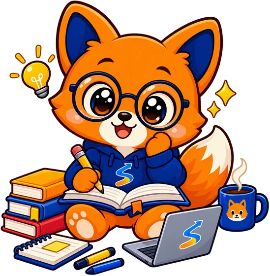 Suko estudiando con libros y computador